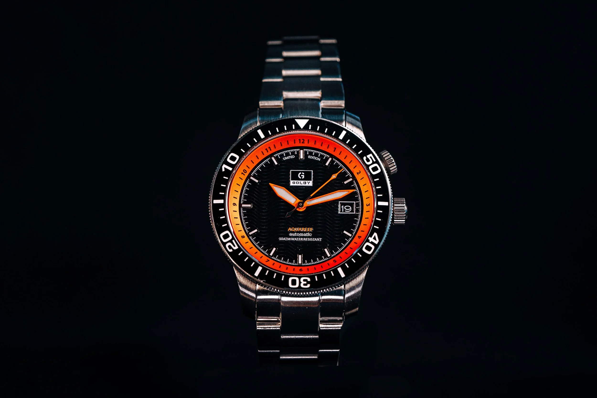 Black Orange Aquareef 41mm Dive Watch From UK Microbrand Specialist Golby Watches and Straps